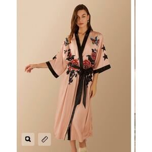 Classic Retro Swallows Stars Roses Pink Black Satin Dressing Gown Robe Gorgeous